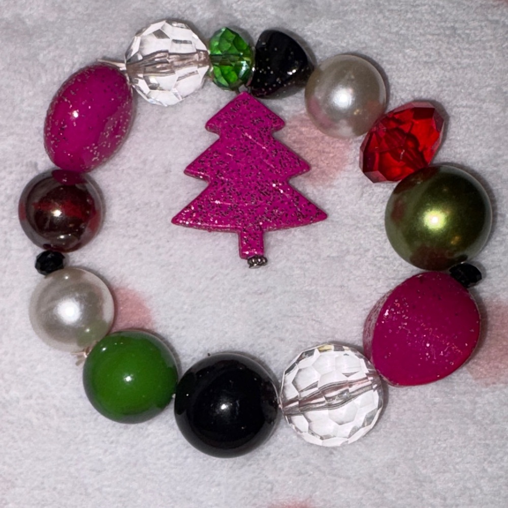 Festive Beaded Bracelet with Pink Tree Charm